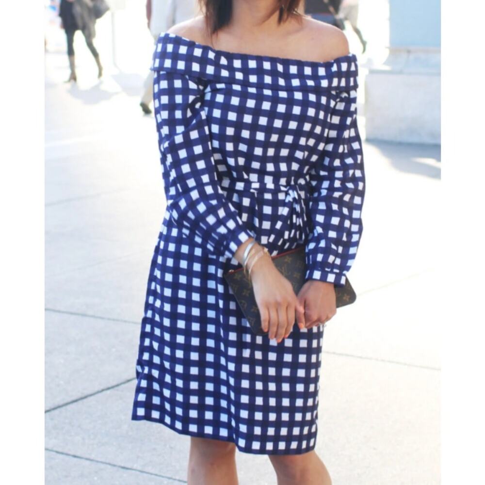 Banana Republic Navy Gingham Off the Shoulder Dress Size M NWT